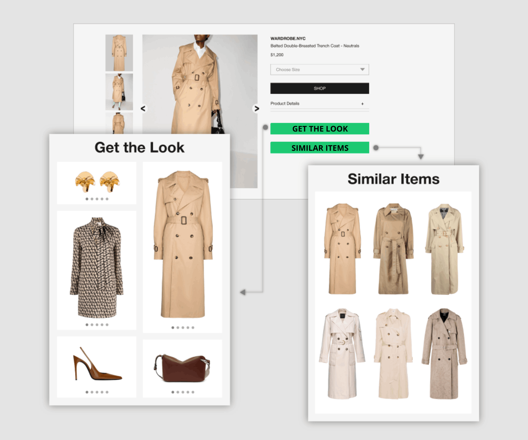 AI-powered fashion product recommendations with real-time outfit generation and similar item discovery on a product detail page