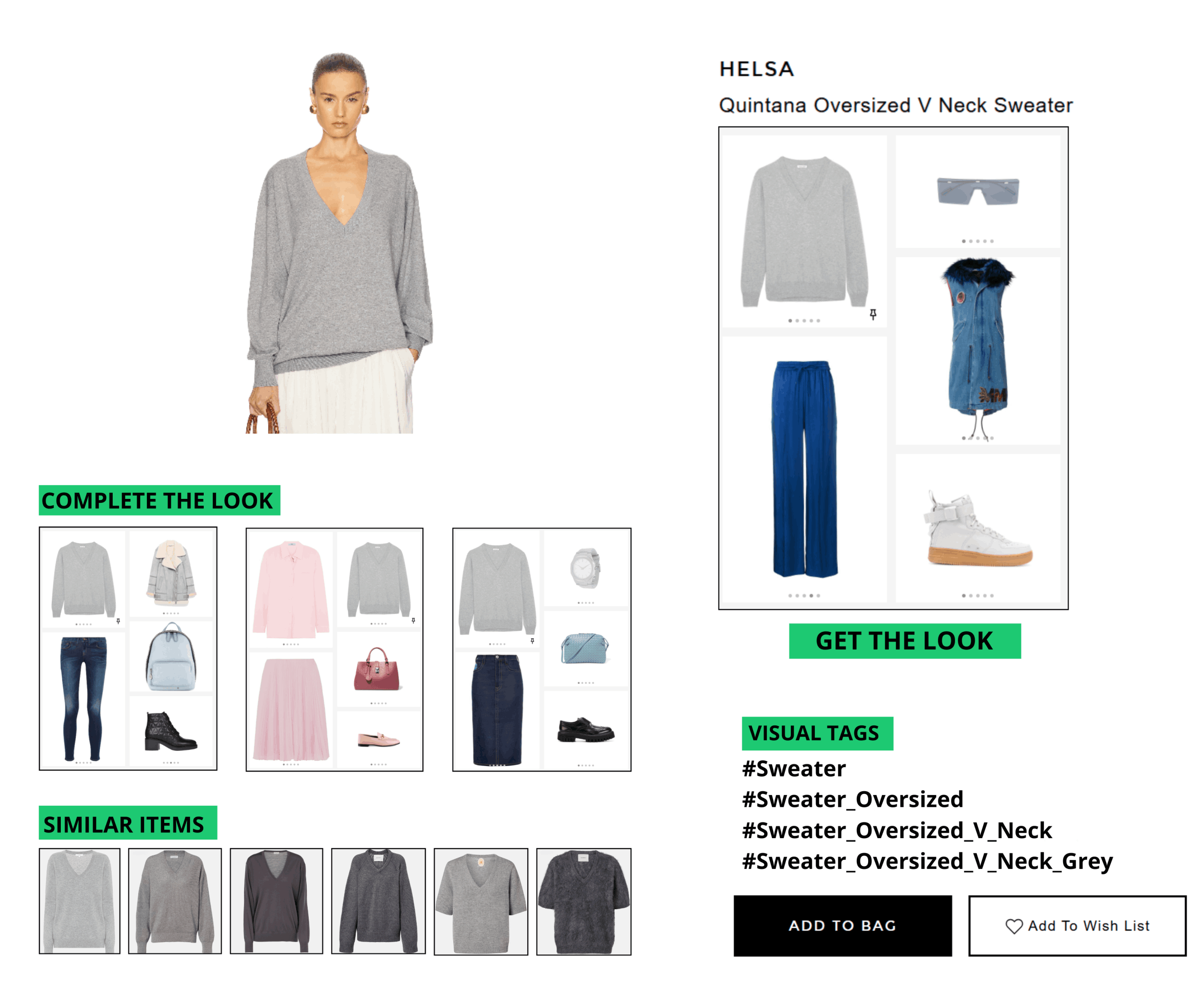 AI digital merchandising service  for fashion e-commerce featuring outfit recommendations, similar items, and AI visual tags